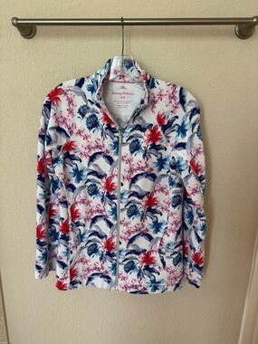 Tommy Bahama White Floral Zip-Up Jacket with Blue & Pink Accents. Size S.